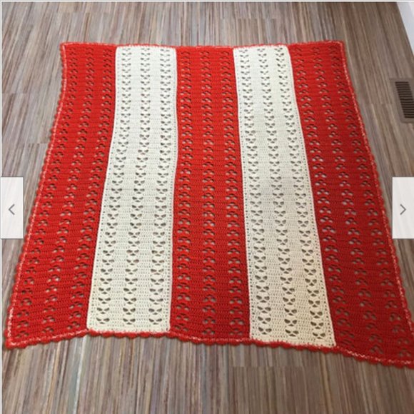 Ivory & Orange Hand Crochet Afghan Throw Blanket Open Fan Stitch 64x72" - Picture 2 of 5
